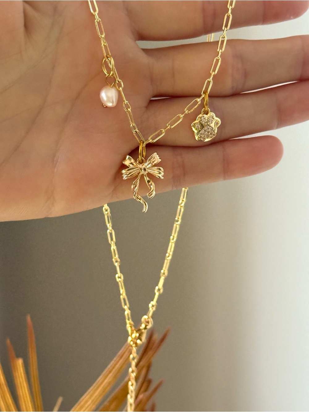 Gold Paper Clip Charm Necklace Pearl Pavé Paw Bow Dainty Coquette Y2K Trendy
